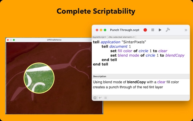 script editor window with script manipulating a shapes blend mode, and image with a hole punched through a tint layer