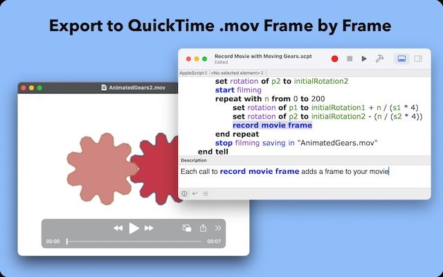 script editor window showing programmatic recording of movie frames, and a movie window showing gears rotating