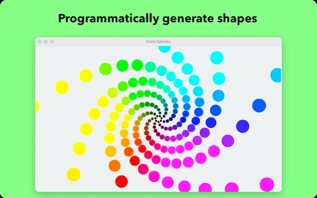 spiral arrangement of multicolored circles with text programmatically generate shapes